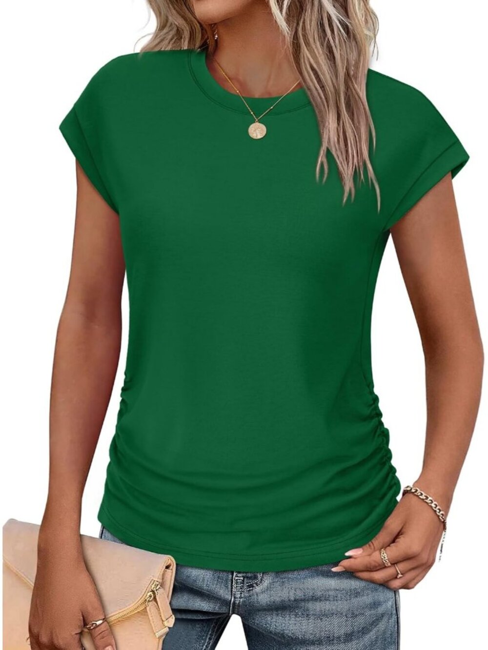 Women's Green Polyester Blend Short Sleeve Crew Neck Pull On Henley Shirts
